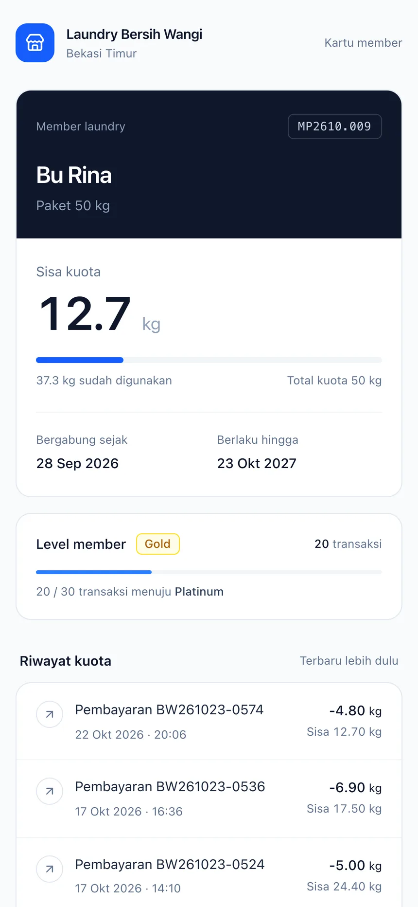 Halaman kartu member yang dibuka pelanggan