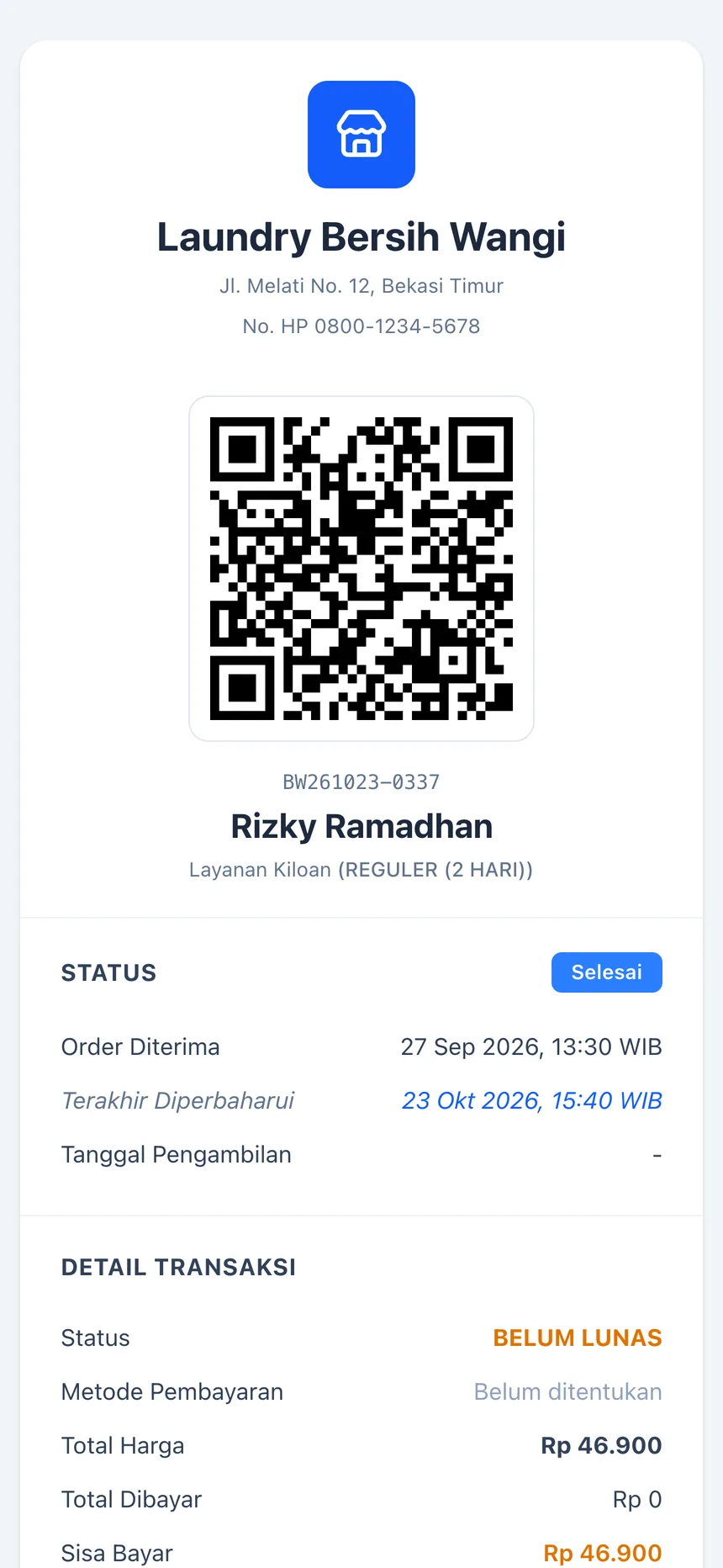 Halaman nota digital yang dibuka pelanggan